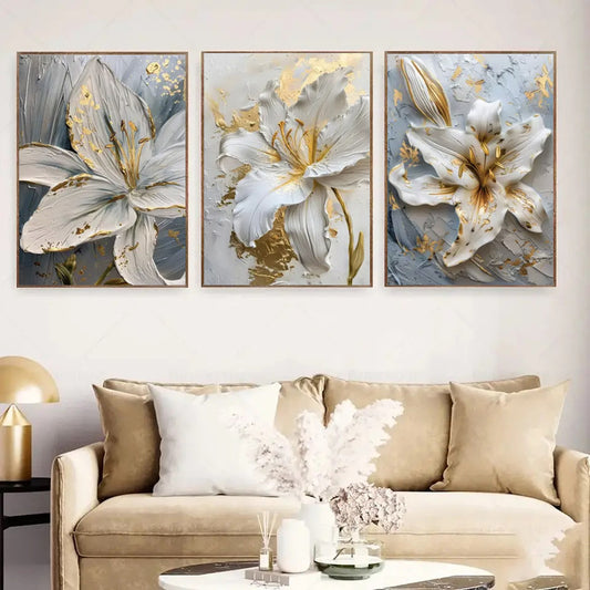 Quadro su tela Gigli bianchi oro effetto rilievo