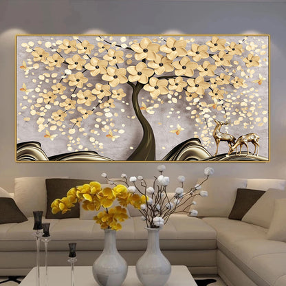 Adesivo murale Albero bianco e oro con foglie