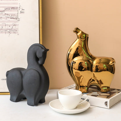 Scultura cavallo in ceramica bianco nero