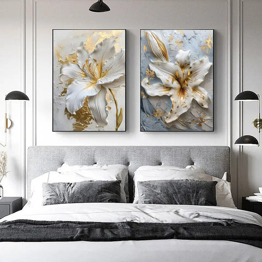 Quadro su tela Gigli bianchi oro effetto rilievo