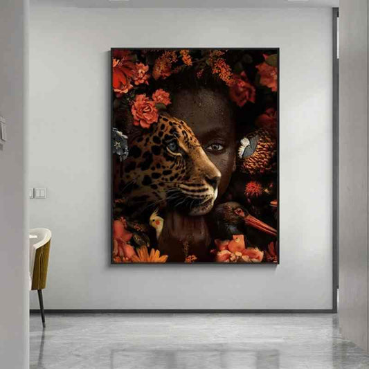 Quadro su tela Donne africane e leopardo