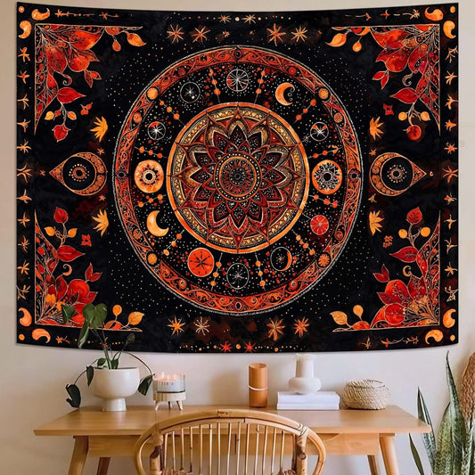 Arazzo Mandala zodiacale arancio e nero