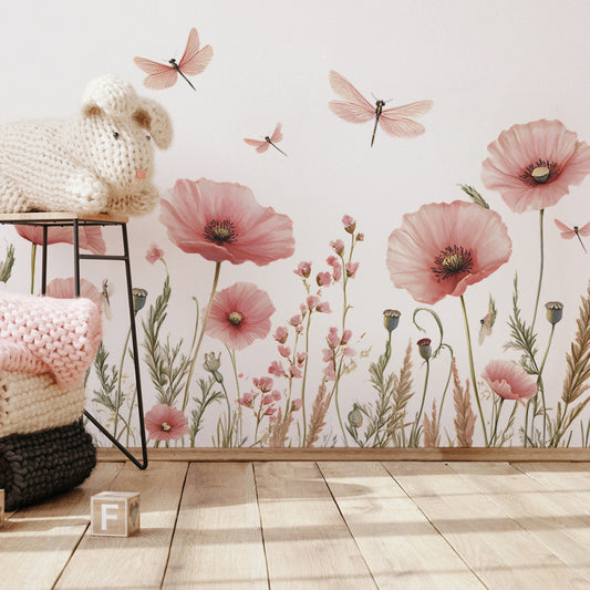 Adesivo murale Papaveri rosa e libellula