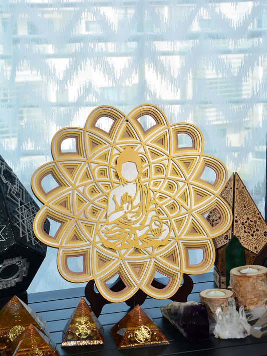 Quadro in MDF Mandala dorato e azzurro