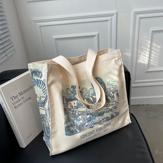 Borsa tela naturale decoro blu