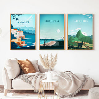 Quadro su tela Tre poster: Amalfi, Cornwall, Machu Picchu