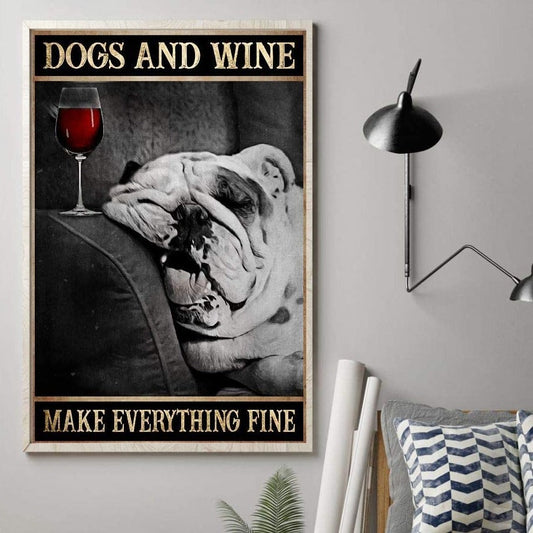 Quadro su tela Bulldog con bicchiere di vino