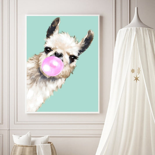 Quadro su tela Lama con bolla rosa