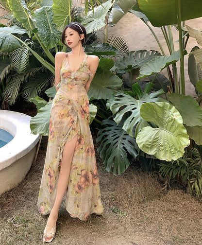 Vestito lungo V fiori vintage